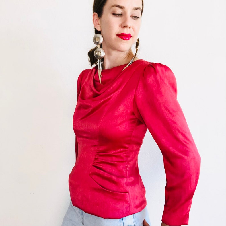80s Vintage Satin Blouse, XS, Vintage Silky Red Ruched Gathered Cowl Neck Drapey Long Sleeve Top Shirt Puff Sleeve Evening Cocktail image 5