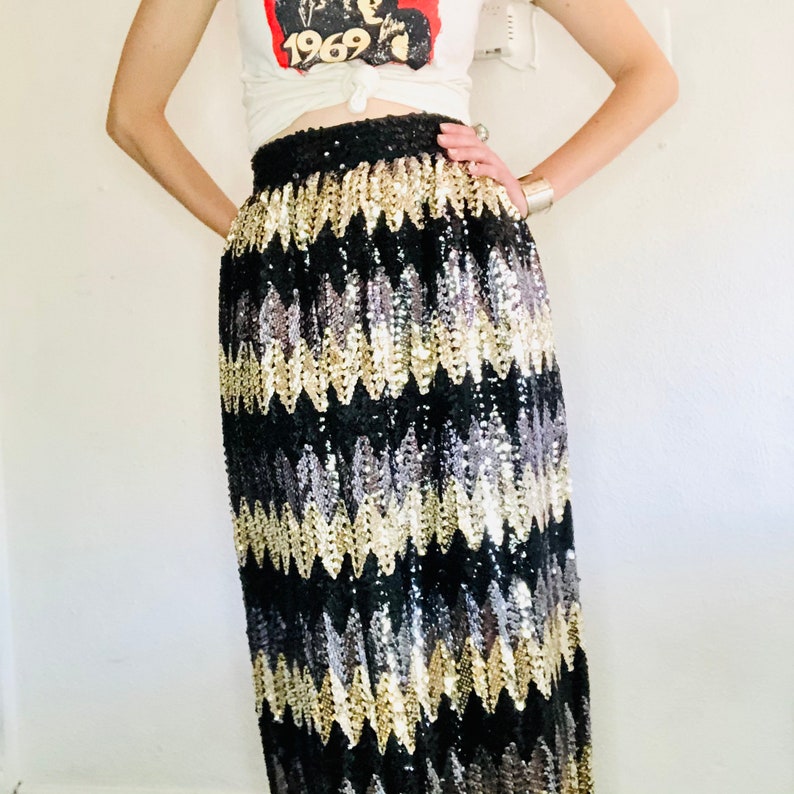 Vintage Sequin Maxi Skirt, Small, 90s 80s JACK BRYAN Black Gold Sequined Chevron Zig Zag Disco Long High Waisted Sparkly image 8