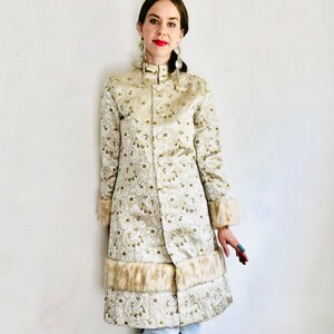 60s Faux Fur Jacket, Size XS, Vintage Mod Silver Gold Metallic Sparkly Floral Brocade Silk Collar Duster Jacket image 5