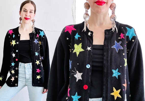 80s Colorful Star Cardigan, XLarge, Vintage Black… - image 1