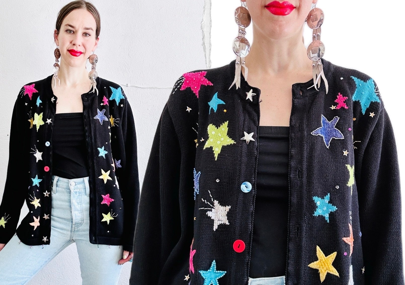 トップス 80s Sport Wear Cardigan 80s Colorful Star Cardigan, Xlarge, Vintage Black Geometric