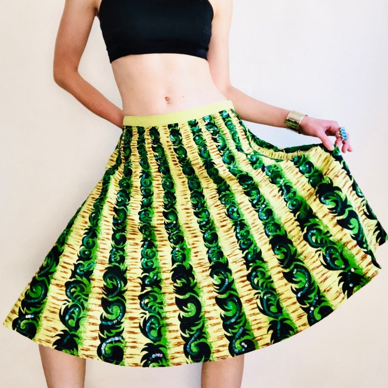 Vintage Mexican Sequin Skirt, Medium, Y2K Green Brown Sequined Striped Tourist Souvenir Circle Skirt Bright Colorful Summer image 1
