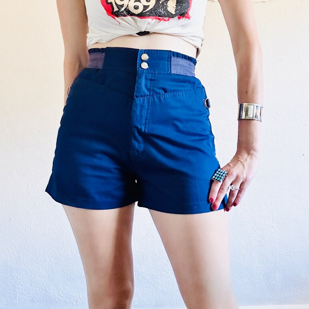 80s Blue Hot Pants, Small, Vintage High Waisted Booty Short Shorts X
