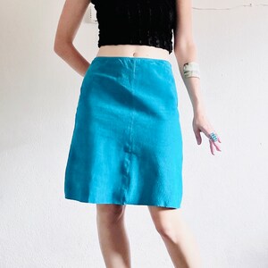 90s Turquoise Leather Skirt, 29 Waist, Vintage Genuine Suede Mid High Waisted Minimal Mini Pencil Skirt Size Medium