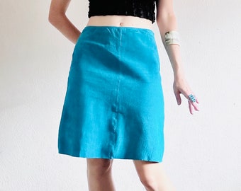 90s Turquoise Leather Skirt, 29 Waist, Vintage Genuine Suede Mid High Waisted Minimal Mini Pencil Skirt Size Medium