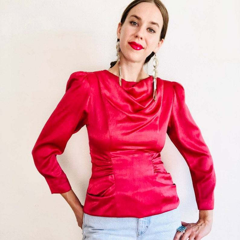 80s Vintage Satin Blouse, XS, Vintage Silky Red Ruched Gathered Cowl Neck Drapey Long Sleeve Top Shirt Puff Sleeve Evening Cocktail image 1