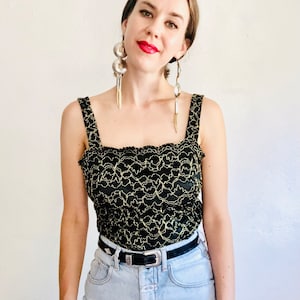 Vintage Metallic Lace Camisole, Medium, Medium, Y2K 90s Gold Black Evening Square Neckline Tank Top Size Medium