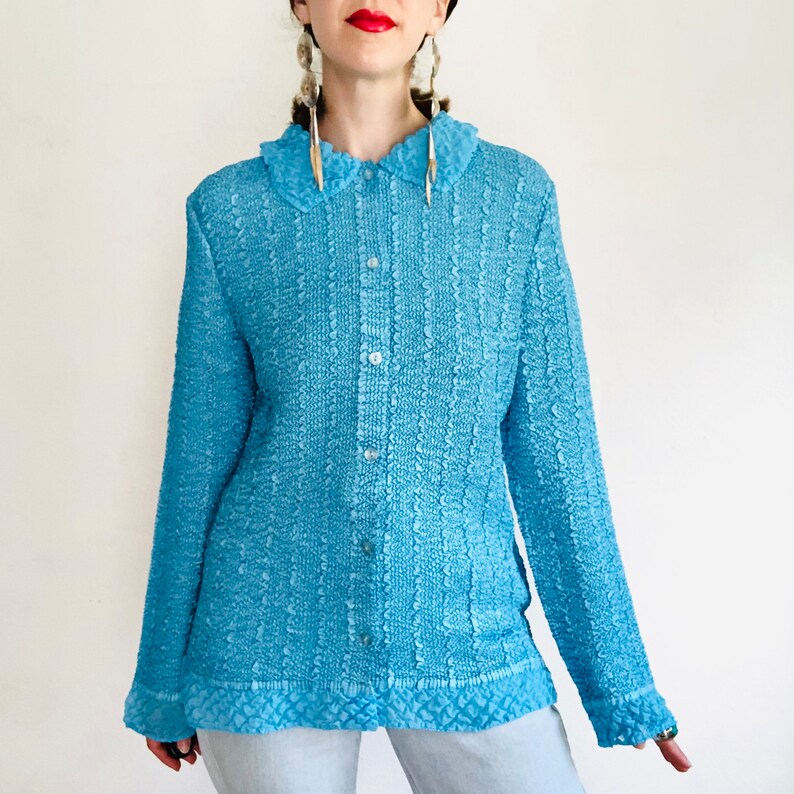90s Turquoise Crinkle Jacket, Large, Y2K Vintage Blue Pleated Textured Peter Pan Collar Long Sleeve Blouse Shirt Lightweight image 3