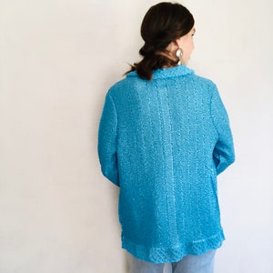 90s Turquoise Crinkle Jacket, Large, Y2K Vintage Blue Pleated Textured Peter Pan Collar Long Sleeve Blouse Shirt Lightweight image 6