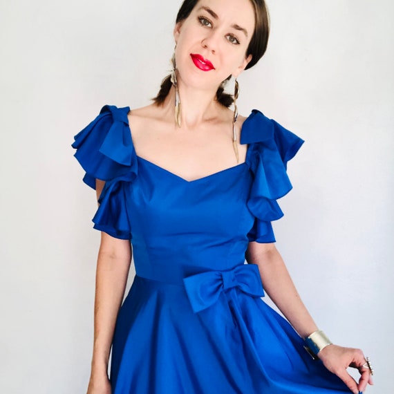 70s Ruffle Maxi Dress, Small, 60s Vintage Cobalt … - image 2