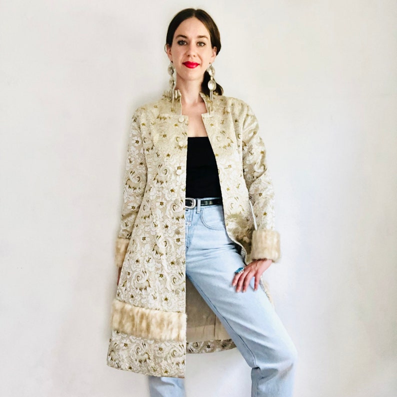 60s Faux Fur Jacket, Size XS, Vintage Mod Silver Gold Metallic Sparkly Floral Brocade Silk Collar Duster Jacket image 2