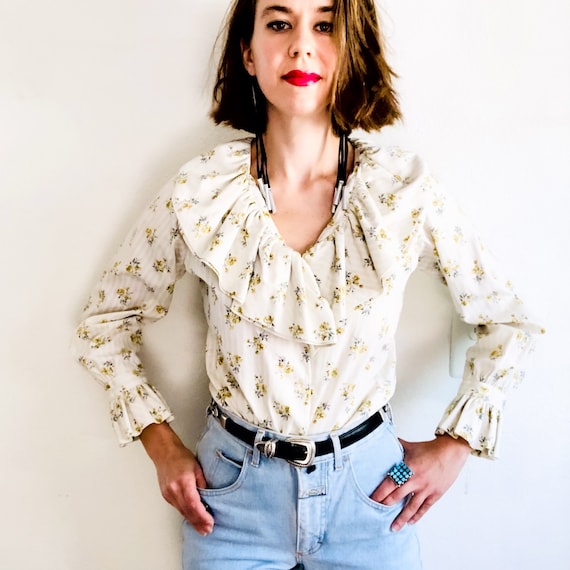 60s Ruffle Prairie Blouse, Small, Vintage 70s Cream White
