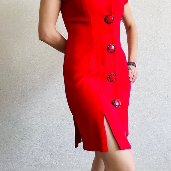 80s Vintage Red Dress, Small, Faille Button Down … - image 3