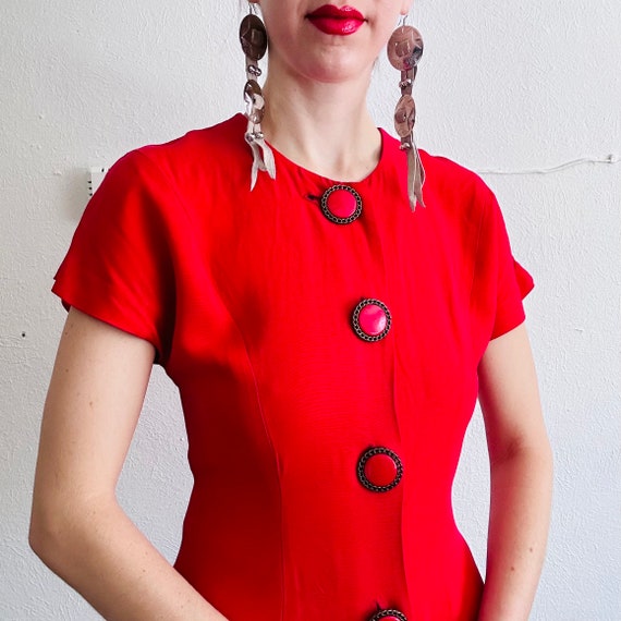 80s Vintage Red Dress, Small, Faille Button Down … - image 2