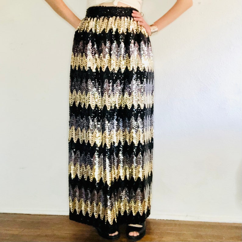 Vintage Sequin Maxi Skirt, Small, 90s 80s JACK BRYAN Black Gold Sequined Chevron Zig Zag Disco Long High Waisted Sparkly image 2