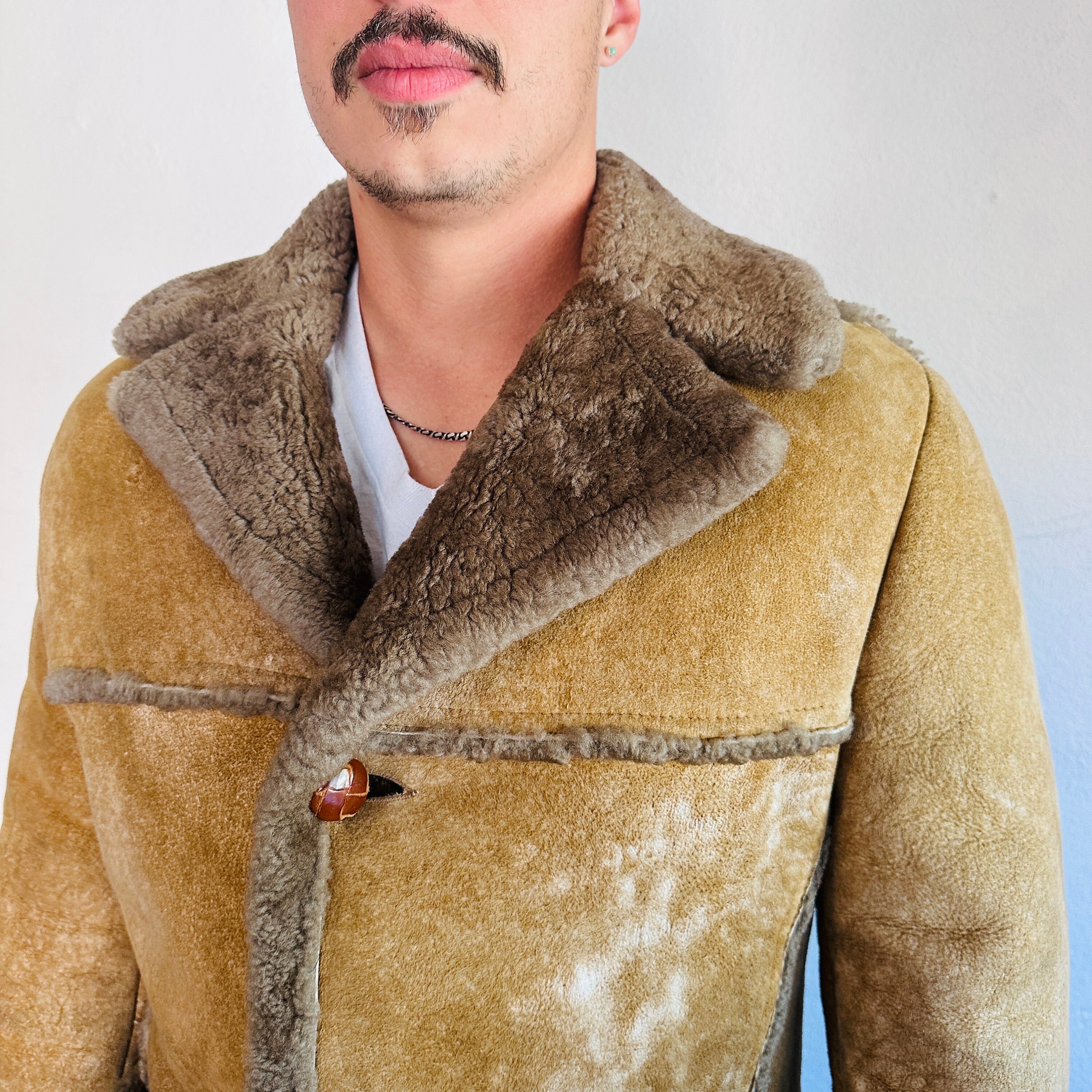 Vintage Genuine Shearling Coat, Small, Mens 38 60s 70s Brown