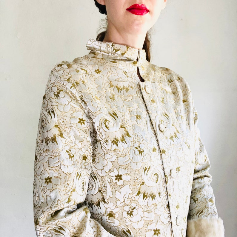 60s Faux Fur Jacket, Size XS, Vintage Mod Silver Gold Metallic Sparkly Floral Brocade Silk Collar Duster Jacket image 6