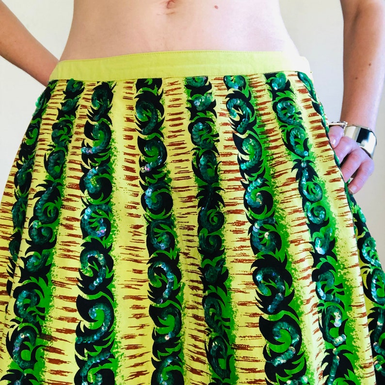 Vintage Mexican Sequin Skirt, Medium, Y2K Green Brown Sequined Striped Tourist Souvenir Circle Skirt Bright Colorful Summer image 2