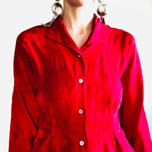 Vintage Red Silk Shirt, Small, 90s 80s Floral Brocade Jacquard Button Down Collared Long Sleeve Shirt image 6