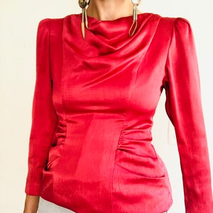 80s Vintage Satin Blouse, XS, Vintage Silky Red Ruched Gathered Cowl Neck Drapey Long Sleeve Top Shirt Puff Sleeve Evening Cocktail image 6