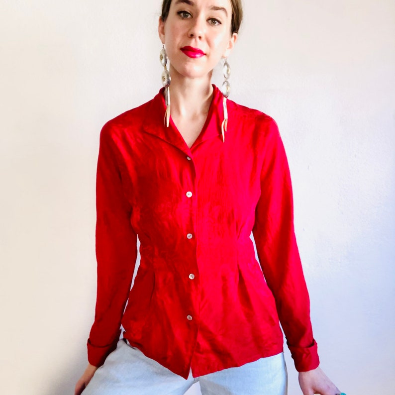 Vintage Red Silk Shirt, Small, 90s 80s Floral Brocade Jacquard Button Down Collared Long Sleeve Shirt image 4