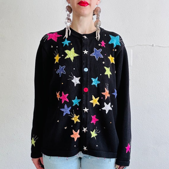 80s Colorful Star Cardigan, XLarge, Vintage Black… - image 4