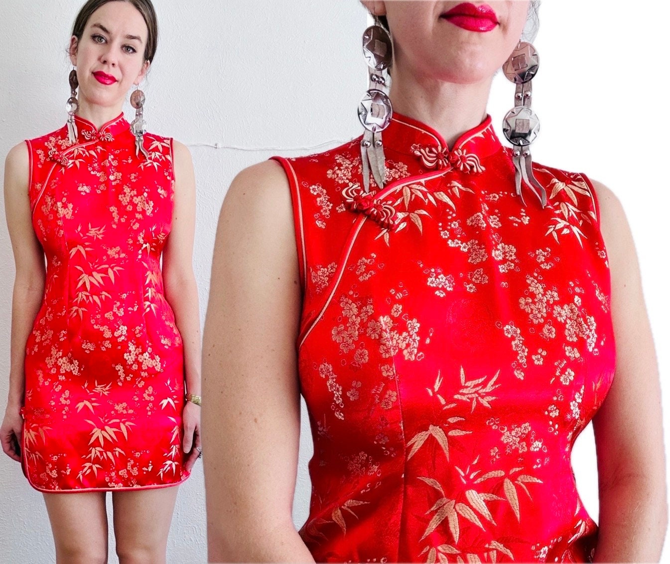 thumbnail image 2 of Brocade Puff Sleeve Button Mini Qipao | Red Pink 2 of 9