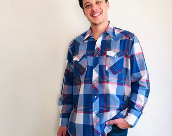 Vintage WRANGLER Plaid Shirt, Large, 90s Permanent Press Blue White Red Western Pearl Snap Cowboy Long Sleeve Collared Button Down