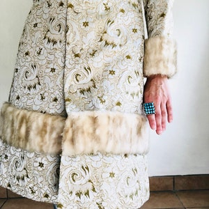 60s Faux Fur Jacket, Size XS, Vintage Mod Silver Gold Metallic Sparkly Floral Brocade Silk Collar Duster Jacket image 4