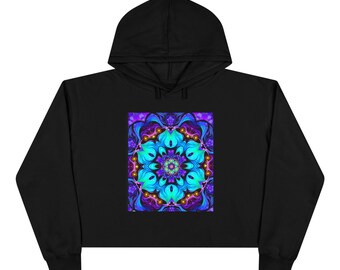 Felpa corta con stampa mandala caleidoscopica blu / Motivo floreale psichedelico