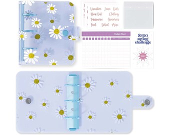 Daisy Blue Cute A8 Budget Binder | Money Binder with Cash Envelopes | Mini 3 Ring Binder | Clear Budgeting Planner | Cash System Envelope