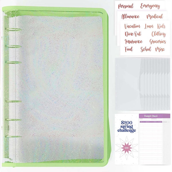 PVC A6 Budget Binder With Cash Envelopes for Budgeting - Cute Green Zipper Money Organizer For Cash Budget Binder, Clear Budgeting Planner