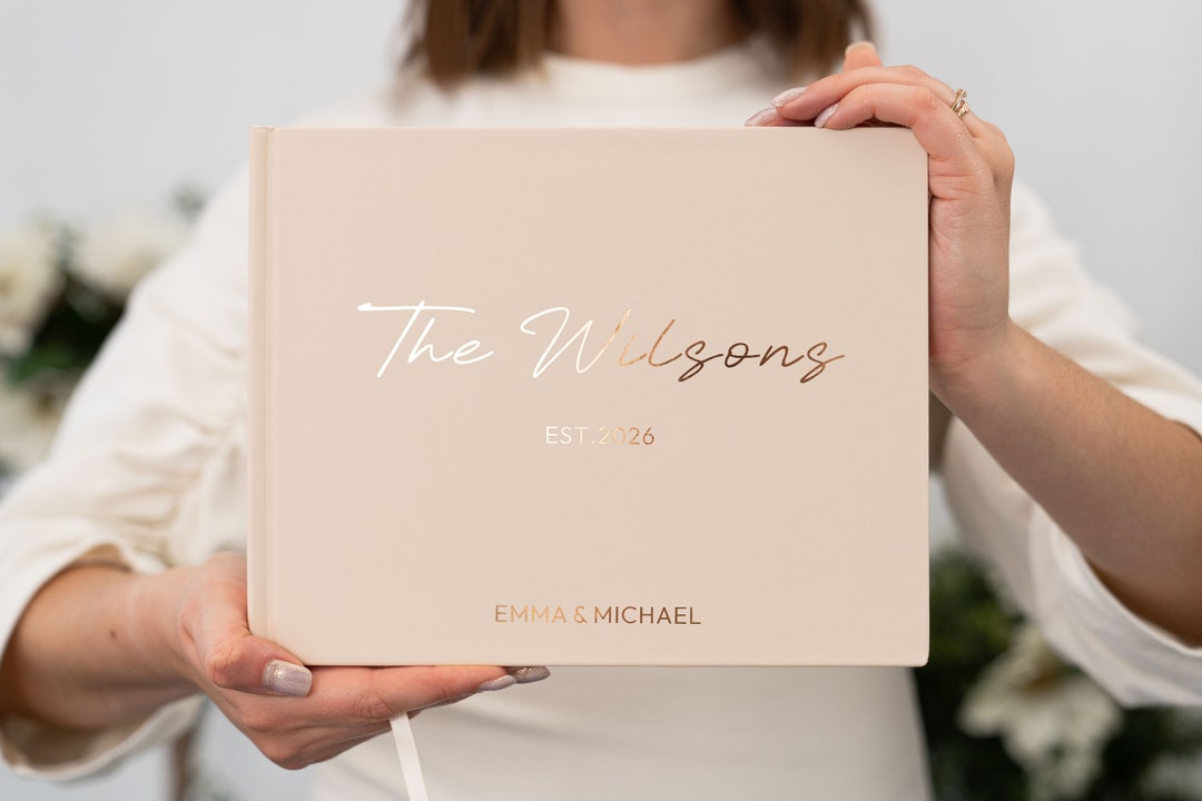 Personalized Wedding Guest Book | Custom Reception Guestbook | Engagement Signning Book, Wedding Anniversary Gifts, 60 Pages with 120 Sides - Khaki Cream + Gold, Blank +Gilded +1 Pen