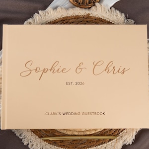 Custom Wedding Guest Book 11.8in x 8.4in - Clean Lines Gold Foil Custom Text - Contemporary Signature Book with Gold Pen