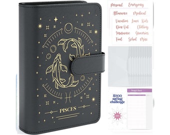 Pisces Black A6 Budget Binder, Money Organizer for Cash Binder, Money Saving Binder with Budget Envelopes & Rose Gold Stickers | Soul Mama