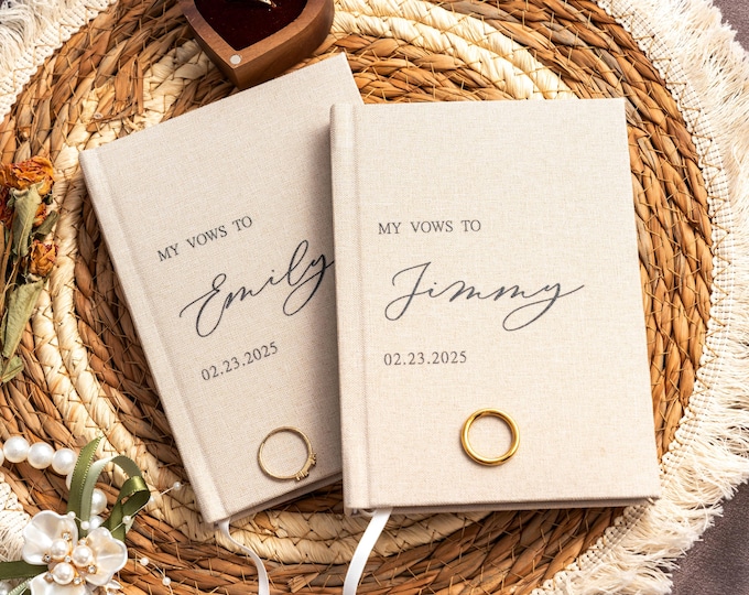Personalized Vow Books Set with Gilded Edge, Elegant Wedding Gift, His and Her Vows, Luxury Speech Notebook, Linen Cover-4.3 x 6in