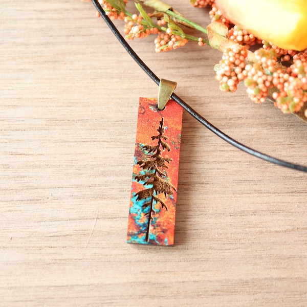 Patina Pine Wood Pendant Minimalist Necklace, Handmade Engraved Nature Jewelry, Gift for Him or Her