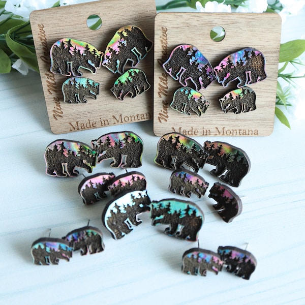 Wooden Bear Stud Earrings Set, Engraved Forest, Aurora, Nature Jewelry, Handmade