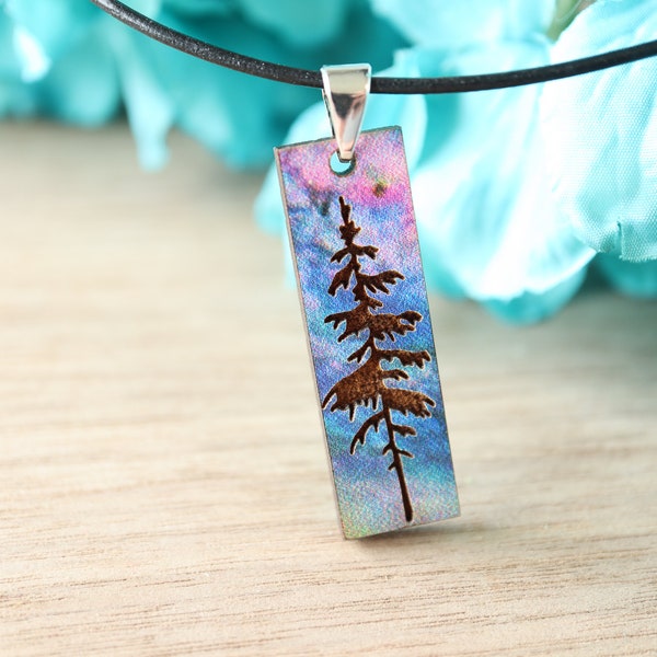 Minimalist Pine Tree Engraved Wooden Necklace, Aurora Northern Skies, Handmade Nature Jewelry, Gift for Her