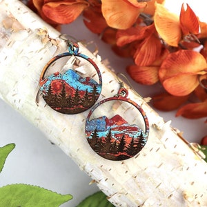 Copper Mountain Wood Earrings, Engraved Forest, Unique Gifts for Her, Handmade Jewelry, Colors Vary