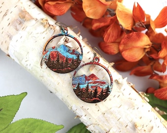 Copper Mountain Wood Earrings, Engraved Forest, Unique Gifts for Her, Handmade Jewelry, Colors Vary