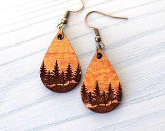 Autumn Forest Tear Drop Wood Earrings, Dangle, Gifts for Her, Gifts for Mom, Handmade Jewelry