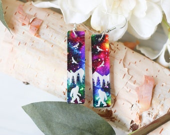 Bigfoot Earrings or Pendant Necklace Novelty Handmade Engraved Jewelry Galaxy Print Colors Vary Clip On Stud Dangle