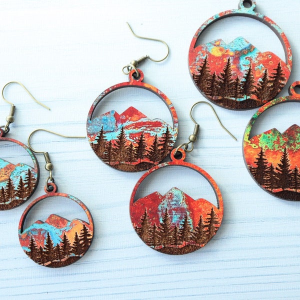 Copper Mountain Engraved Forest Wood Earrings, Boho Style Handmade Jewelry Gift for Her, Ear Wire, Stud, Clip on Option