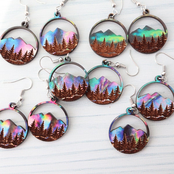 Aurora Mountains Wood Dangle Earrings, Engraved Forest, Gifts for Her, Gifts for Mom, Handmade Jewelry, Colors Vary