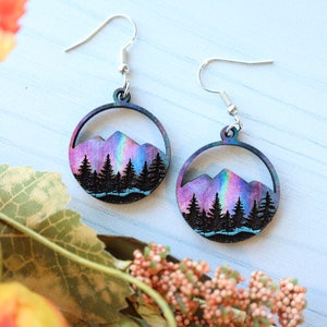 Rainbow Lightning Forest Engraved Wood Mountain Dangle Earrings, Handmade Jewelry Gift for Her, Aurora Northern Lights, Clip on, Stud