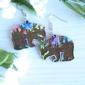 Engraved Forest Wooden Aurora Bear Dangle Earrings, Light Weight Handmade Nature Jewelry, Gift for Her