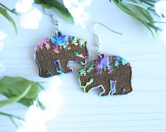 Engraved Forest Wooden Aurora Bear Dangle Earrings, Light Weight Handmade Nature Jewelry, Gift for Her