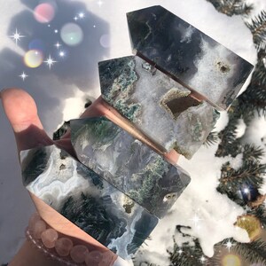 square pointed moss agate crystal towers in size SM, see description for detail