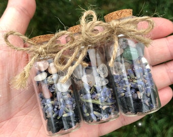 cleansed mini protection spell bottle | physical, emotional, and spiritual protection spell | black tourmaline, lavender, and crystal chips